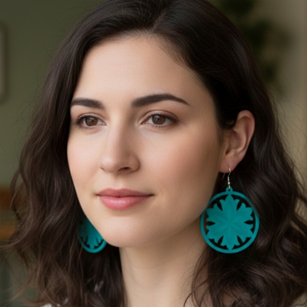 Round Wooden Dangle Earrings, Light Blue Round Wooden Earrings. 6 Cm